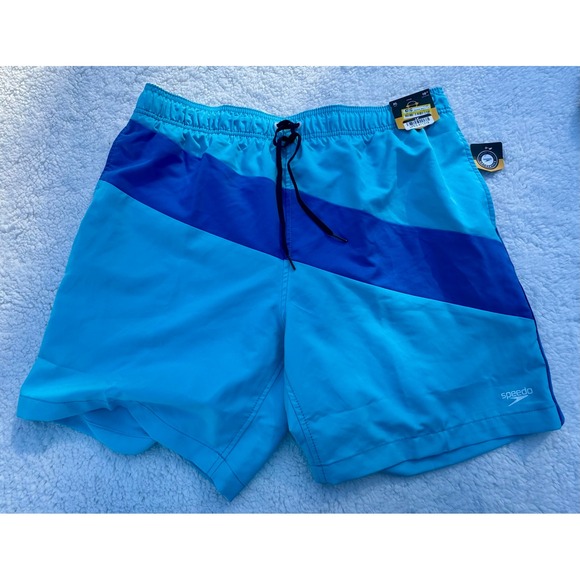 Speedo Mens XL Swim Trunks Blue Diagonal Stripe 18" Outseam Swimsuit Shorts, NWT - Picture 1 of 4
